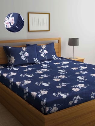 Navy Blue & White Floral 300 TC King Bedsheet with 2 Pillow Covers