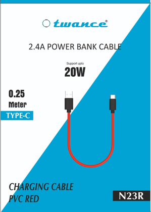 Twance N23R TPE - USB to Type C ,2.4A charging  Cable,0.25 Meter (Power Bank Cable), Red Color