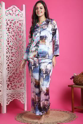 Multi Color Floral Printed Satin Silk Night Suit-S
