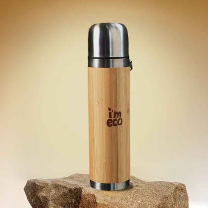 Imeco Eco-Thermos Stainless Steel Thermos Flask (Bamboo Exterior, 450 ml) | Long-Lasting Temperature Control | Daily Use & Travel
