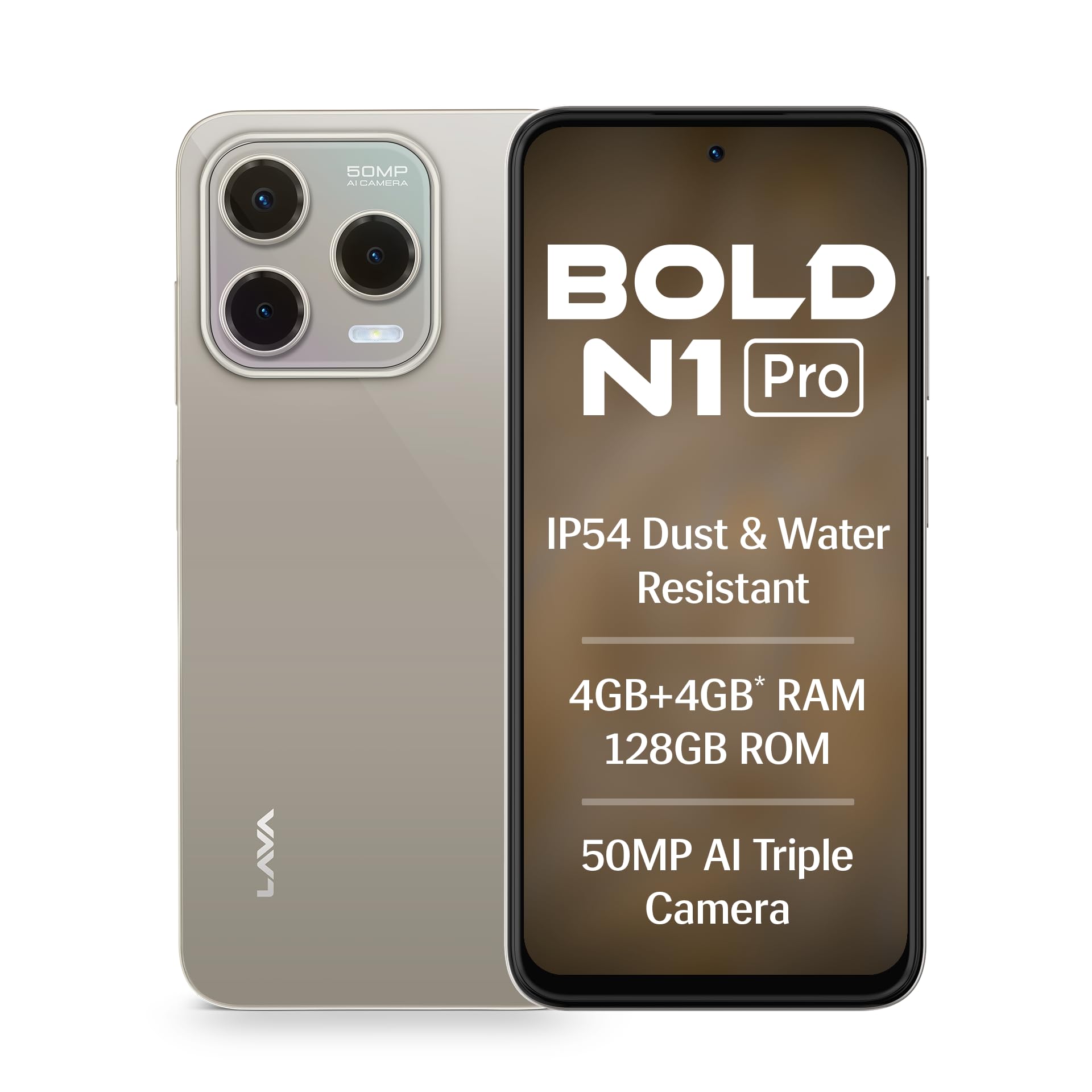 Lava Bold N1 Pro (Titanium Gold, 4 GB RAM, 128 GB Storage)| Bigger 6.67" HD+ IP54 Display | 120 Hz Refresh Rate | 50 MP AI Triple Rear Camera | 8 MP Front Camera| 5000 mAh Battery | Charger in Box