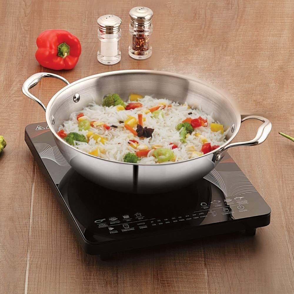 Femora Induction Safe, Stain Resistant, Zero Coating Stainless Steel Tri-ply Deep Frying Kadhai Pan (26 cm Capacity 3.2 L, Silver)