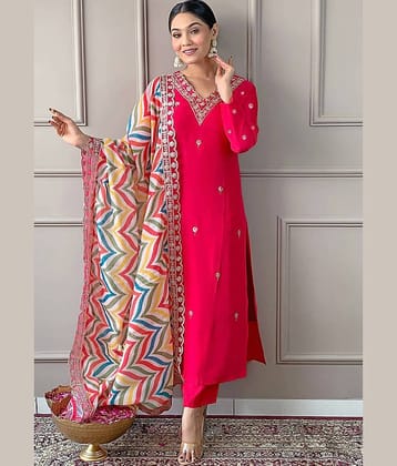 Trijal Fab Women Cotton Blend Embroidered Straight Kurti With Pants ( Pink )