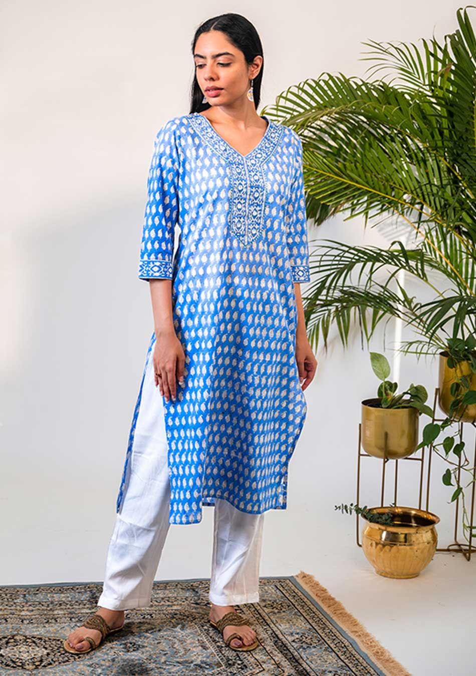 Blue Kurta with handblock-L