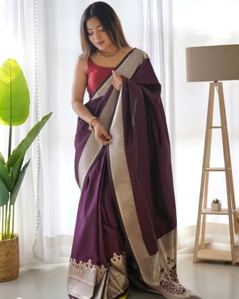 Purpule Pure Zari Golden Weaving Saree