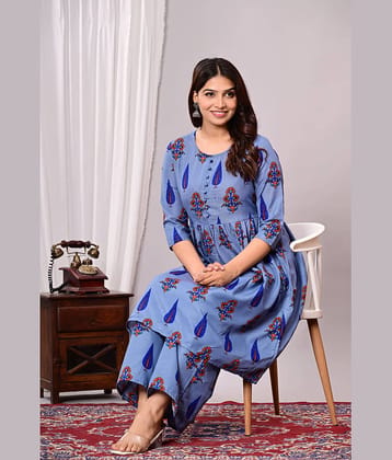 EXPORTHOUSE Women Cotton Blend Printed Anarkali Kurti With Palazzo ( Light Grey )