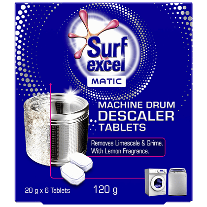Surf Excel Matic - Machine Drum Descaler Tablets, Removes Limescale & Grime, Lemon Fragrance, 20 g (6 Tablets)