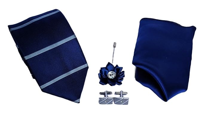 VOICI France Mens Strips self design necktie pocket square and cufflink combo gift set grey Blue color free size - Gray Blue set