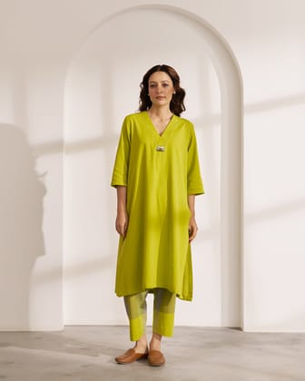 Lime Handwoven Cotton & Check Kurta-XS