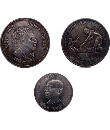 Set of 3 Coins of Indira Gandhi, Fisheries and Mahatma Gandhi (100,100 and 10) - Silver Plated Fancy Coins
