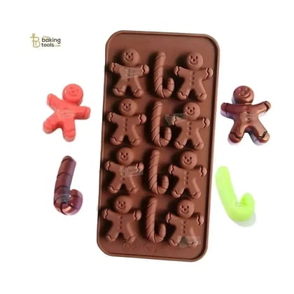 12 Cavity J Shaped Candy Cane and Ginger Bread Man Christmas Mould Silicone Chocolate Mold