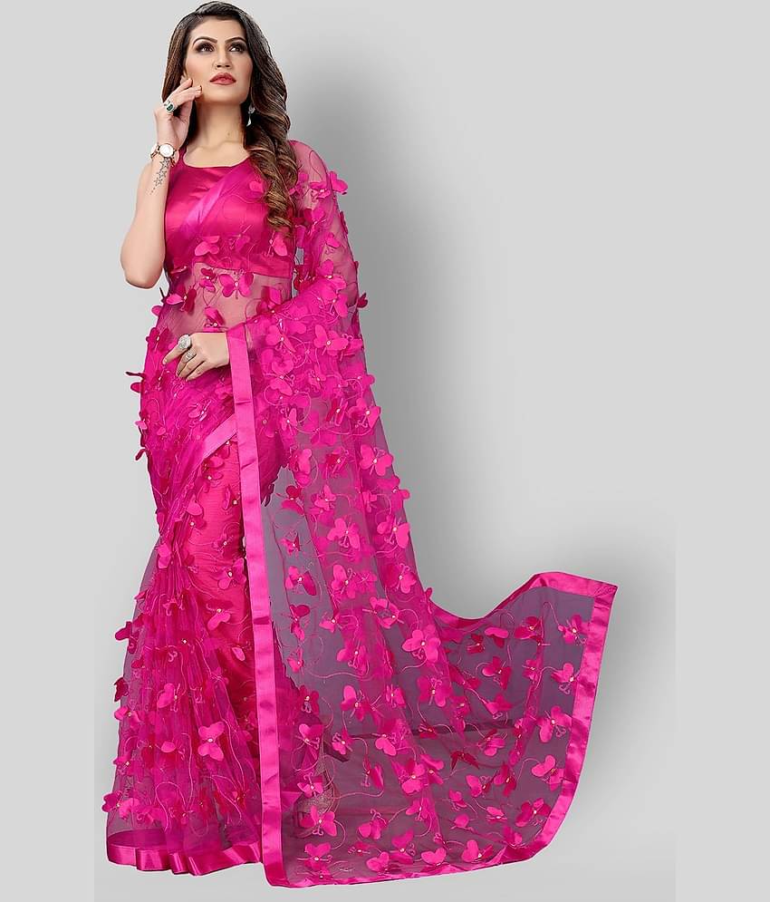 Apnisha Net Saree With Unstitched Blouse Piece ( Pink )