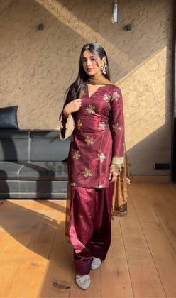 Natural Crep Silk Top-Bottom And Dupatta Set-M