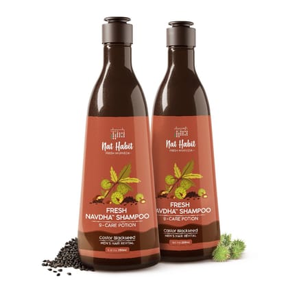 Nat Habit Castor Blackseed Navdha Shampoo for Men| Men's Hair Revital| Natural Hair Shampoo | Anti Hair Fall, Hair Growth & Anti-Dandruff | Sulphate-Free Amla Reetha Shikakai Cleanser|Pack of 2 X 250ml Nat Habit Castor Blackseed Navdha Shampoo for Men| M