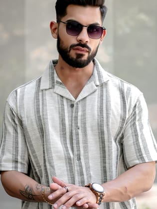 Tweed Vertical Stripe Green Shirt-S / Half White Green