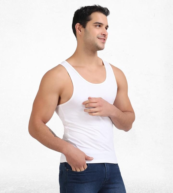 Freecultr Cotton Vest for Men Sleeveless Lightweight Solid Round Neck Comfort Vests Breathable & Comfortable Innerwear Sando for Man Regular Fit Pack of 1-White