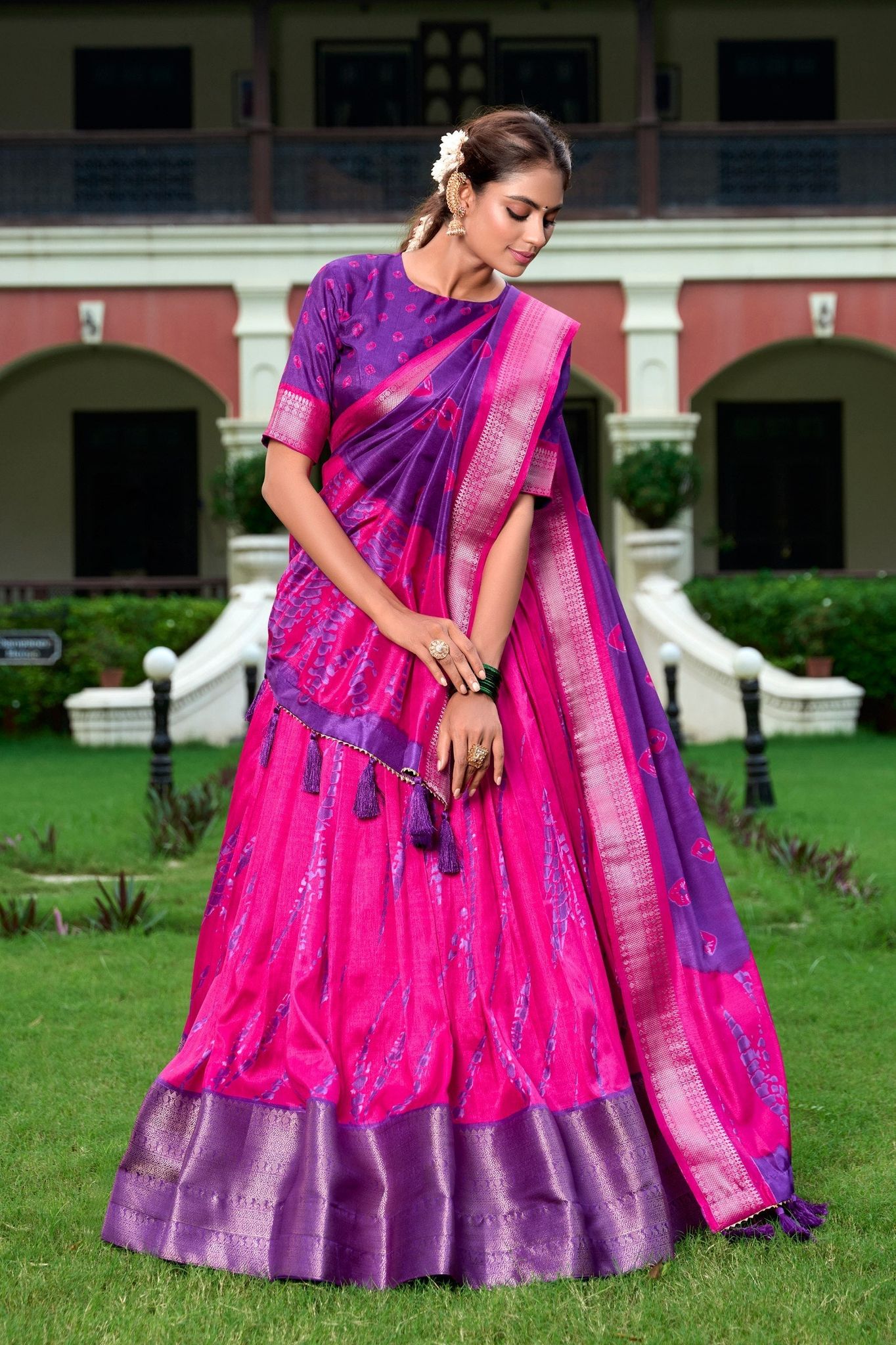 Pink & Purple Shibori Print Dola Silk Lehenga Choli with Zari Weaving Border ✨-free-size