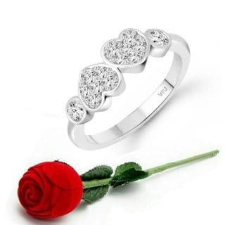 VFJ Couple Heart (CZ) Rhodium Plated  Ring with Scented Velvet Rose Ring Box for women and girls and your Valentine.