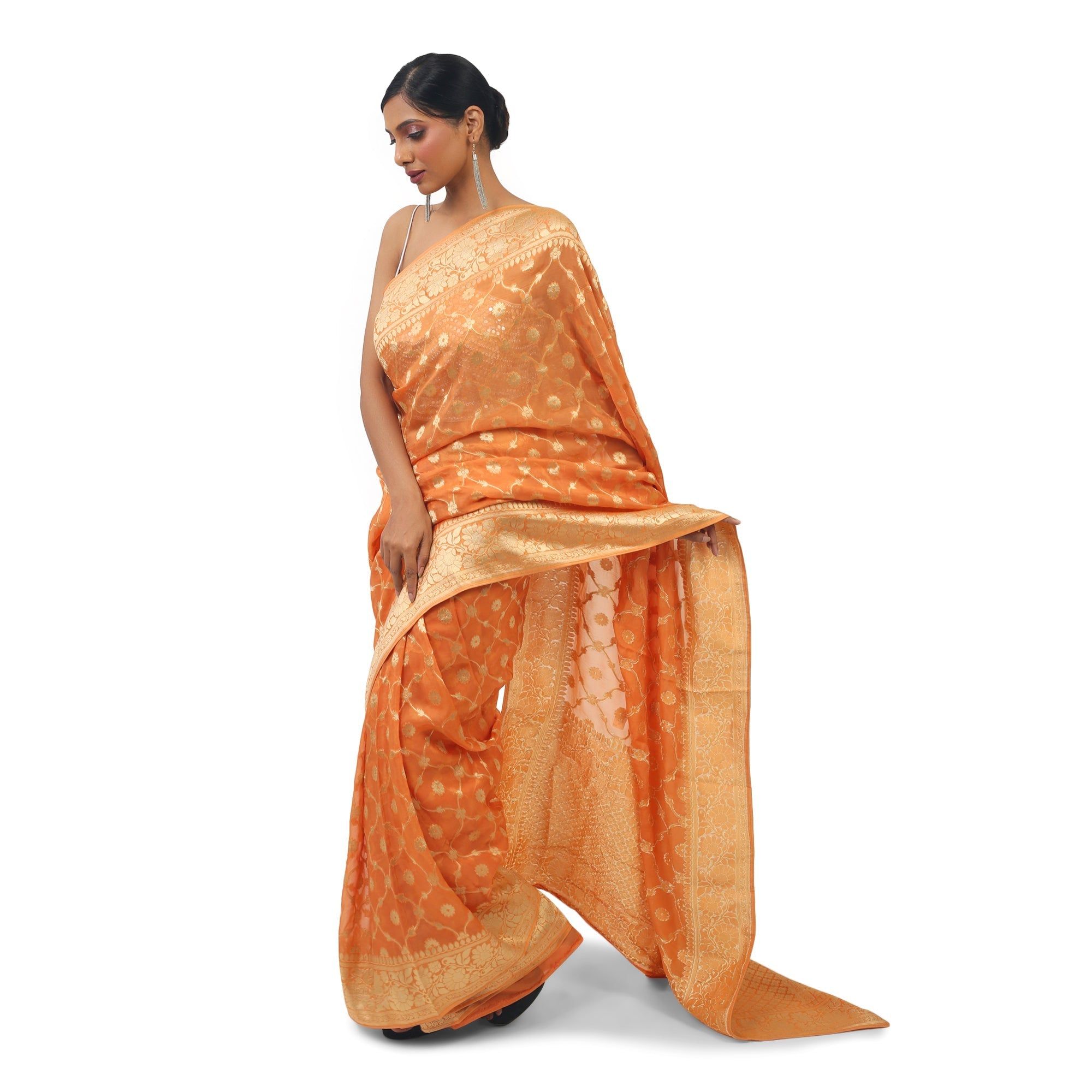 TheHangr Orange Organza Saree With Beautiful Silver Work