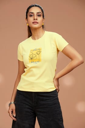 Round Neck Chest Print T-shirt-Lemon / 4XL
