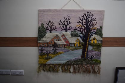 Handmade Winter Village Wall Hanging, Decorative Woven Tapestry with Fringe, Cotton Blend, Snow Scene with Houses, Trees, Landscape Art