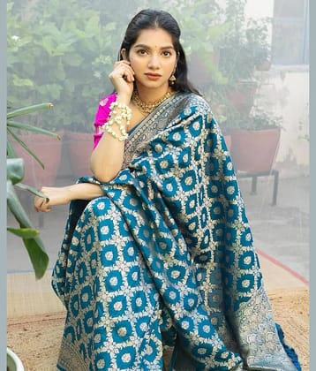 fab woven Art Silk Woven Design Banarasi saree With Unstitched Blouse Piece ( Teal )