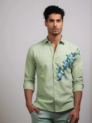 Green Printed Casual Shirt-PASTELGREEN / S