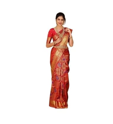 Women's Soft Lichi Silk Printed Saree With Unstitched Blouse 5.5Mtr (Red)-PID63581