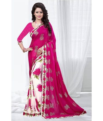 Gazal Fashions Chiffon Saree With Unstitched Blouse Piece ( Pink,White )