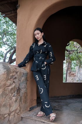 Sandra Straight Pants Black Line Printed-XS