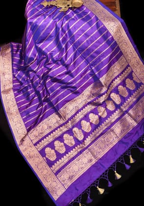 Purple Stunning Pure Katan Silk Banarasi Saree with ornate 2 design stripes | SILK MARK CERTIFIED