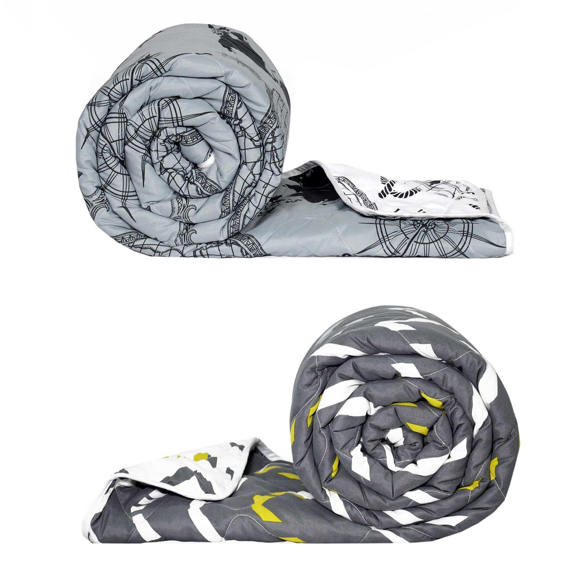Grey Abstract and White Geographic Pattern Microfiber Comforter Combo For Single Bed-Single / Grey and White / LX1139_LX1156
