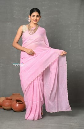 Tyohaar ~ Mul Cotton Zari Design Handloom Woven Saree - Lily Pink