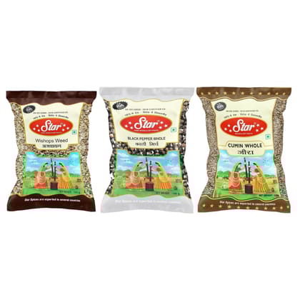 Star Spices Whole Spices - Black Pepper 200 gm, Jeera 100 gm and Ajwain 100 gm - Pack of 3