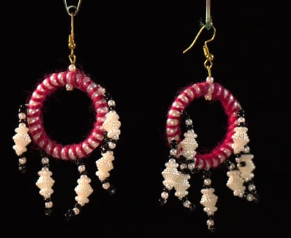Handcrafted Boho Hoop Earrings with Beaded Dangles | Red and White Thread-Wrapped Design | 5cm Statement Earrings | Set of 1 Pair