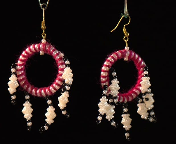 Boho Statement Earrings | Handmade 5 cm Hoops with Red & White Thread & Beads