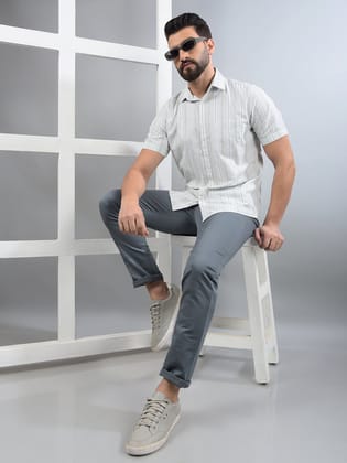 Green Vertical Stripes 100% Cotton Shirt-S / Green