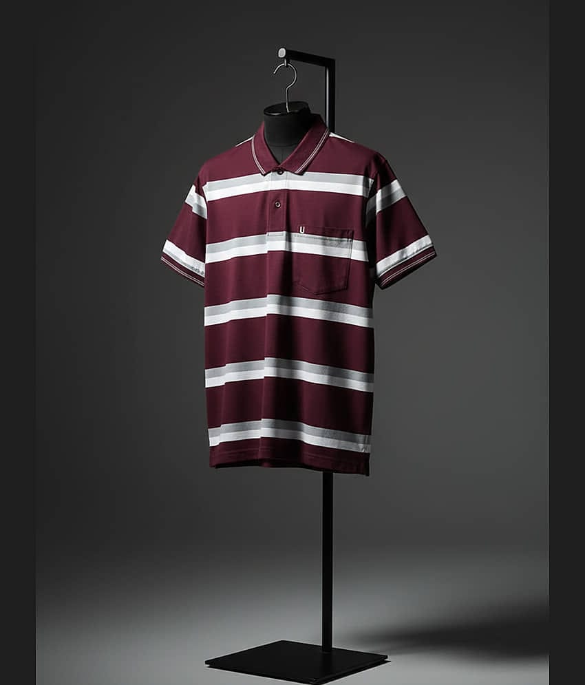 UNIBERRY Men Cotton Blend Regular Fit Striped Polo T Shirt ( Maroon )