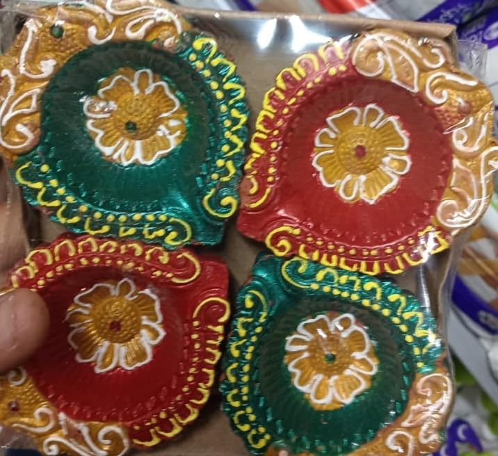 India Clay 4 Diyas Diya Deepak Earthen Assorted Colorful Set - Diwali Decoration Puja - Handpainted Diya for Home Indoor Outdoor Diwali Design Handmade Mix Color (Set of 4) - Pooja Needs | Buy online on ZillyBuy