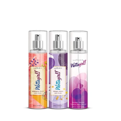 Layer'r Wottagirl Body Splash Combo Pack for Women 60ml x 3 | Mandarin Twist, Secret Crush & French Peony | Long-Lasting Fragrance Body Mist with Fruity, Floral & Musky Notes Layer'r Wottagirl Body Splash Combo Pack for Women 60ml x 3 | Mandarin Twist, S