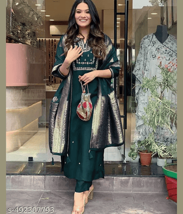 OMICRON FAB Chanderi Embroidered Kurti With Pants Women's Stitched Salwar Suit - Green ( Pack of 1 )