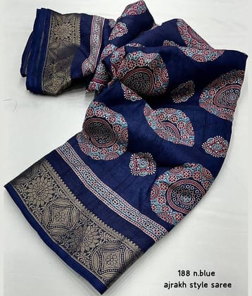 Bhuwal Fashion Art Silk Printed Banarasi saree With Unstitched Blouse Piece ( Blue )