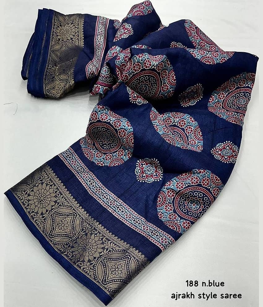 Bhuwal Fashion Art Silk Printed Banarasi saree With Unstitched Blouse Piece ( Blue )