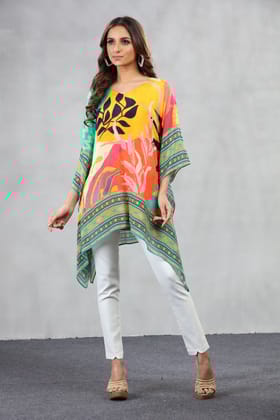 Viscose Chinon floral print short Kaftan-MULTICOLOR / M