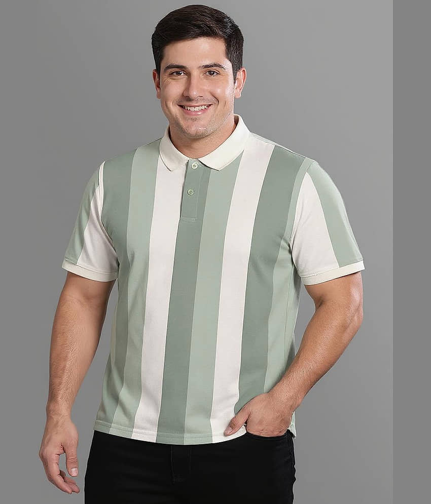 BULLMER Men Cotton Blend Regular Fit Striped Polo T Shirt ( Light Green )