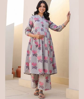 Janasya Grey Cotton Maternity Kurta Suit Set Single