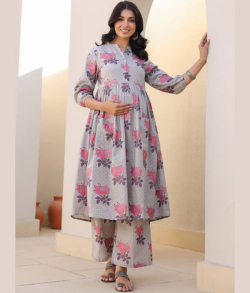 Janasya Grey Cotton Maternity Kurta Suit Set Single