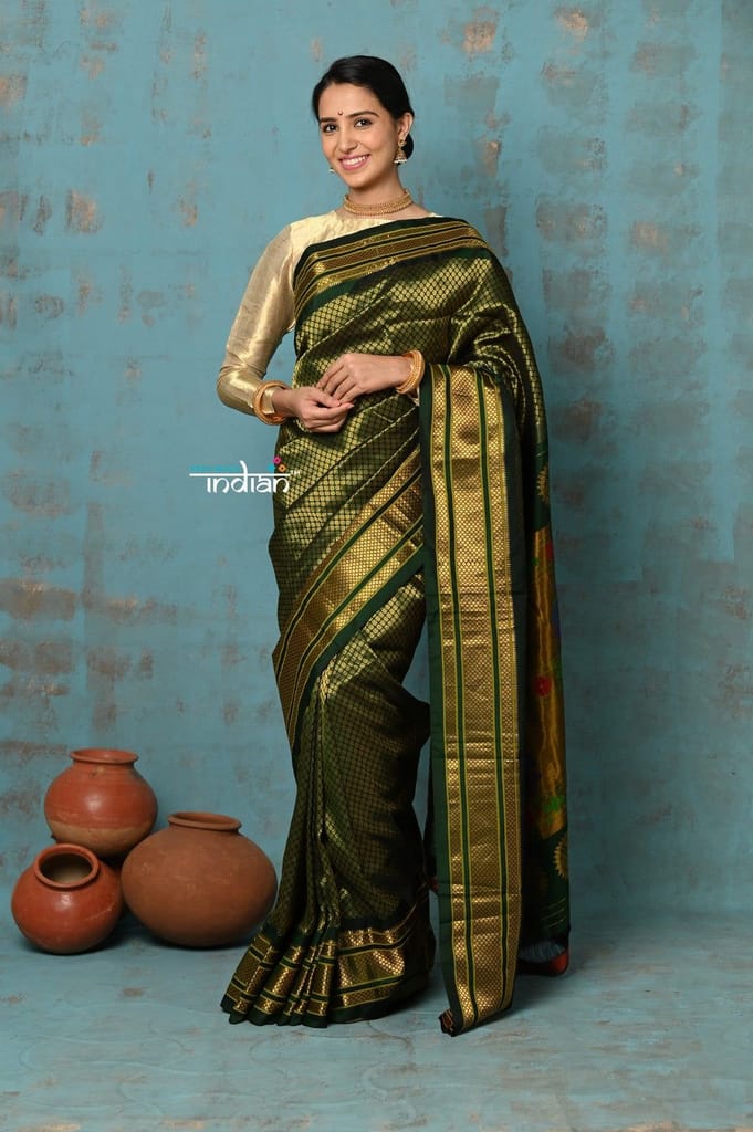 Tyohaar ~ Authentic Pure Silk Handloom Green Brocade Maharani Paithani with Maharani Pallu - Sarees | Buy online on ZillyBuy