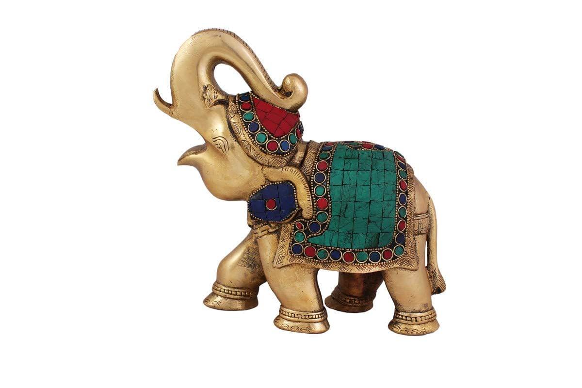 Arihant Craft� Ethnic Decor Elephant Standing Trunk Up Statue Sculpture Showpiece Turquoise Gem Stone Work � 21 cm (Brass, Multicolour)