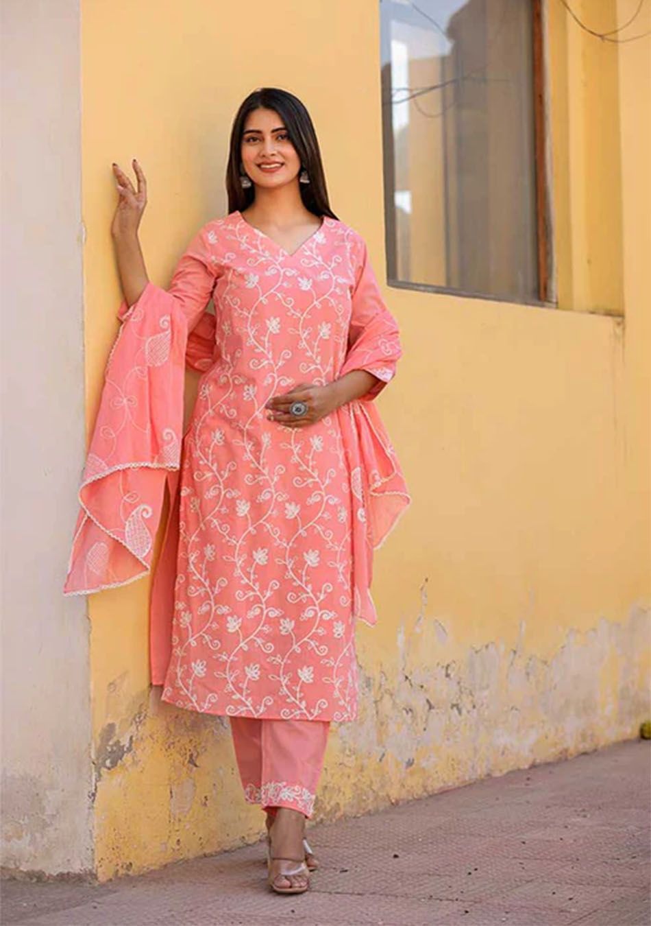 Salmon White Aari Work Suit-XL